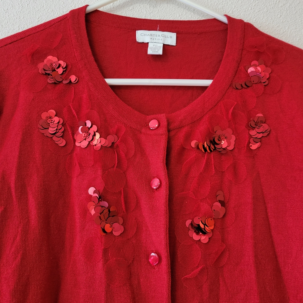 Charter Club Red Sequin-Embellished Cardigan Sweater